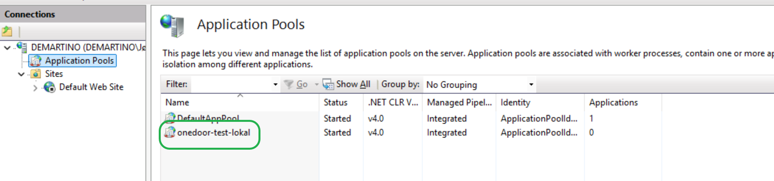 IIS Manager – Application Pools med App Pool-navn