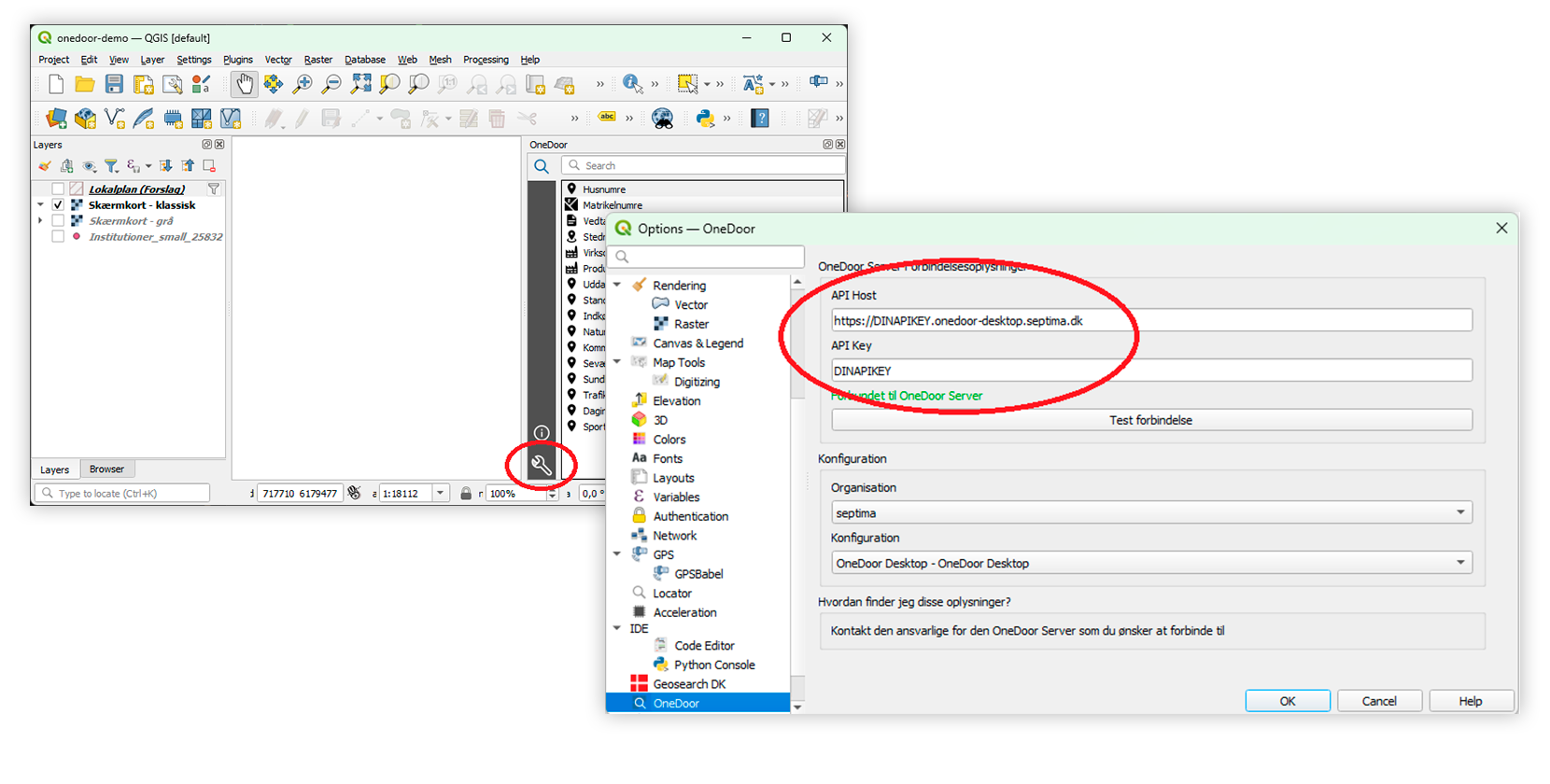 QGIS: OneDoor-plugin – indtast API-nøgle og forbindelsesoplysninger